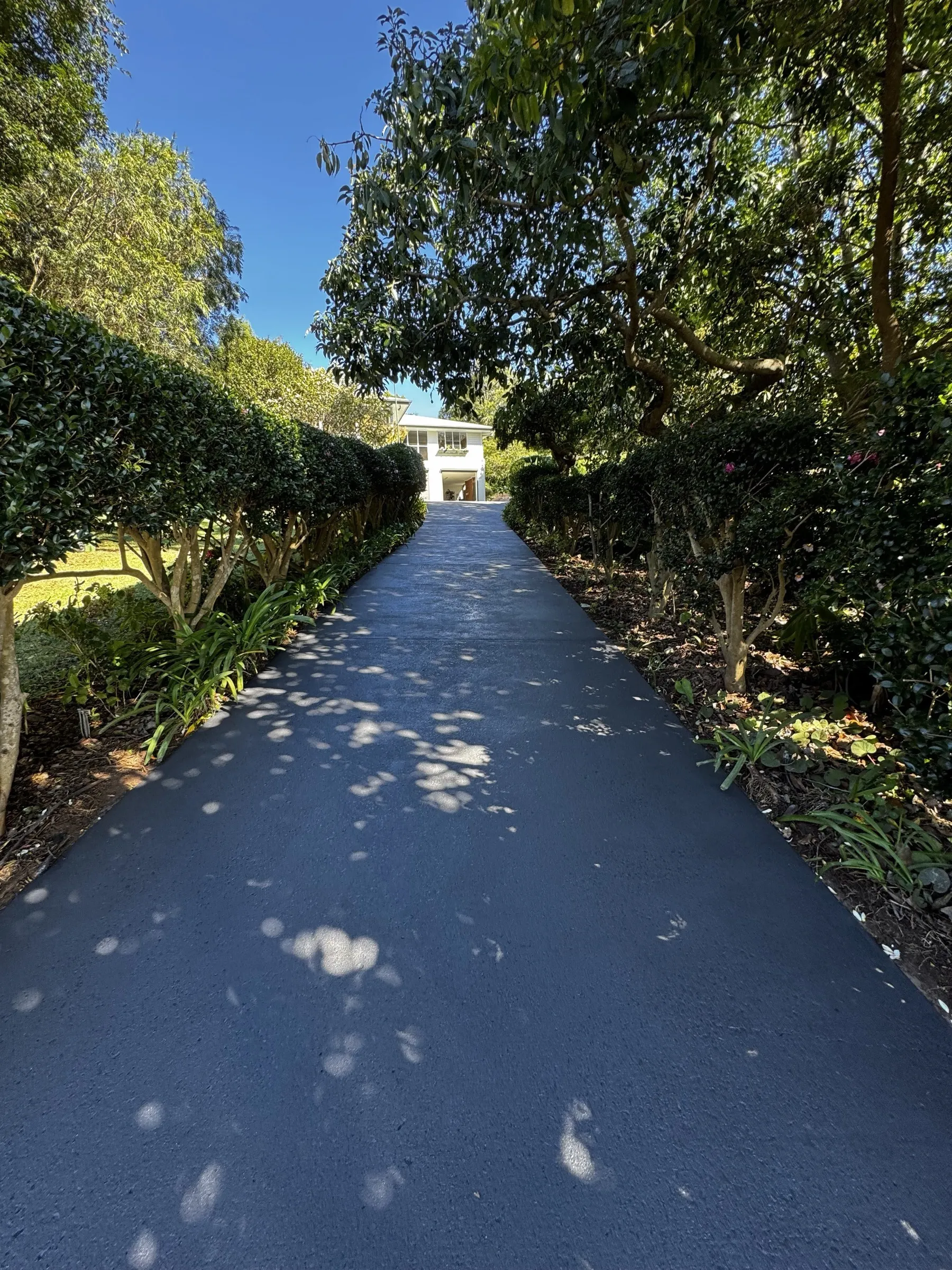 Newly resealed dark driveway with established garden and home visible in background, showing the transformation after driveway resurfacing